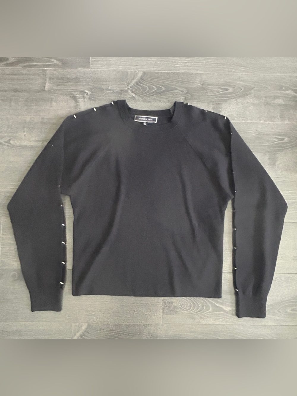 Melanie Lyne Black Cold Shoulder Knit Sweater Silver Embellished Split Sleeve XS